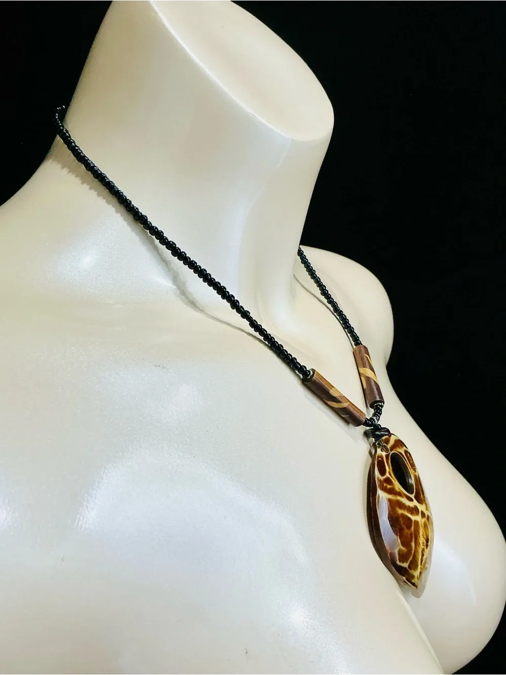 Handcrafted Brown Wooden Teardrop Pendant Necklace with Black Beaded Cord
